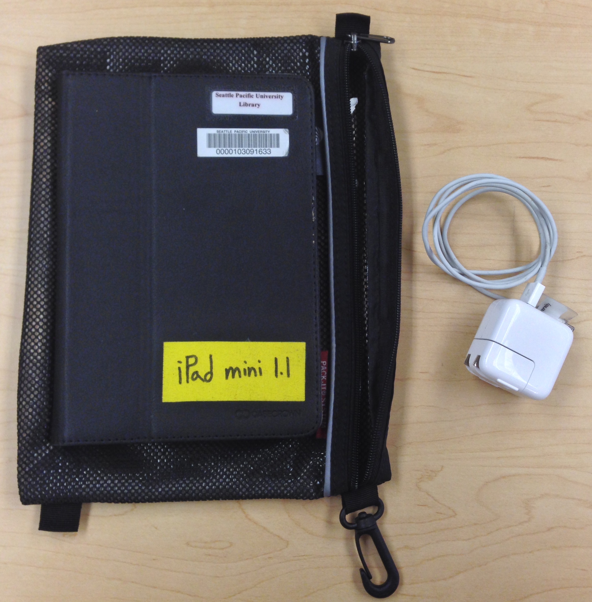 iPad Mini, iPad case, bag, USB sync cable, and USB power adapter