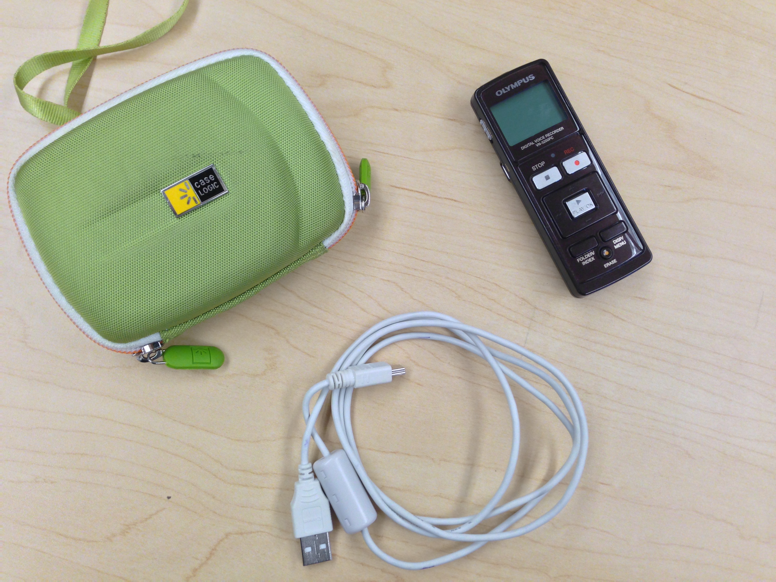 Digital Voice Recorder, syncing cable, green recorder case