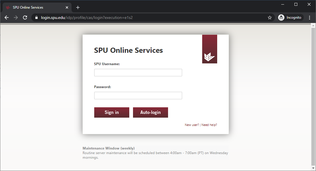 Screenshot of existing login page