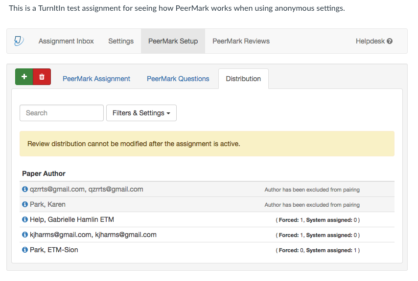 PeerMark Setup Distribution tab to assign reviewers