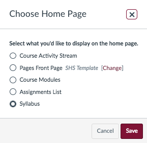 select the home page type you want to use