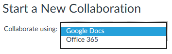dropdown menu to choose between using Google Docs or Office365 for collaborations