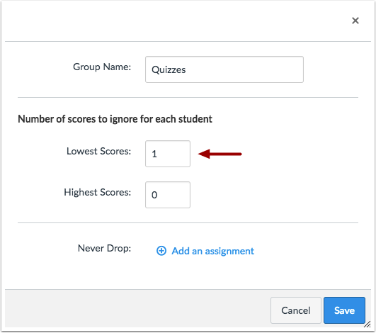 enter the number of high or low scores to be dropped in the pop-up window