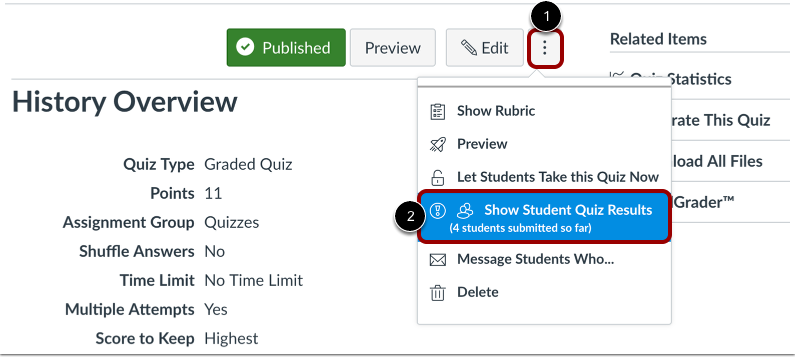 Show Student Quiz Results button