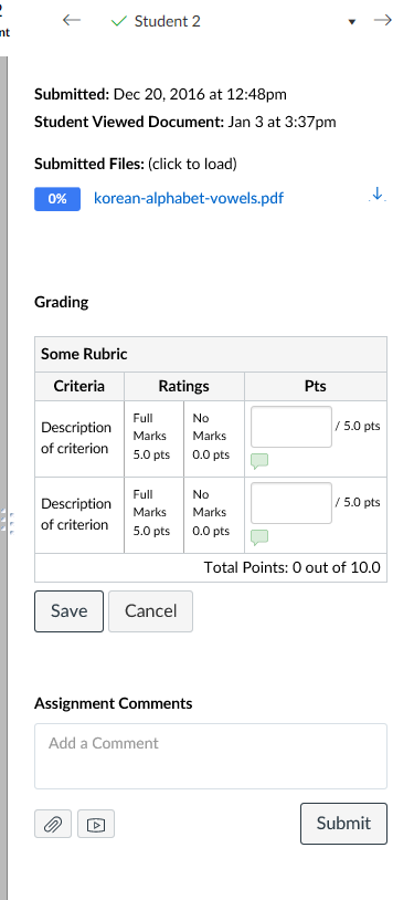 Grading Rubric with criteria, ratings, and point value columns 