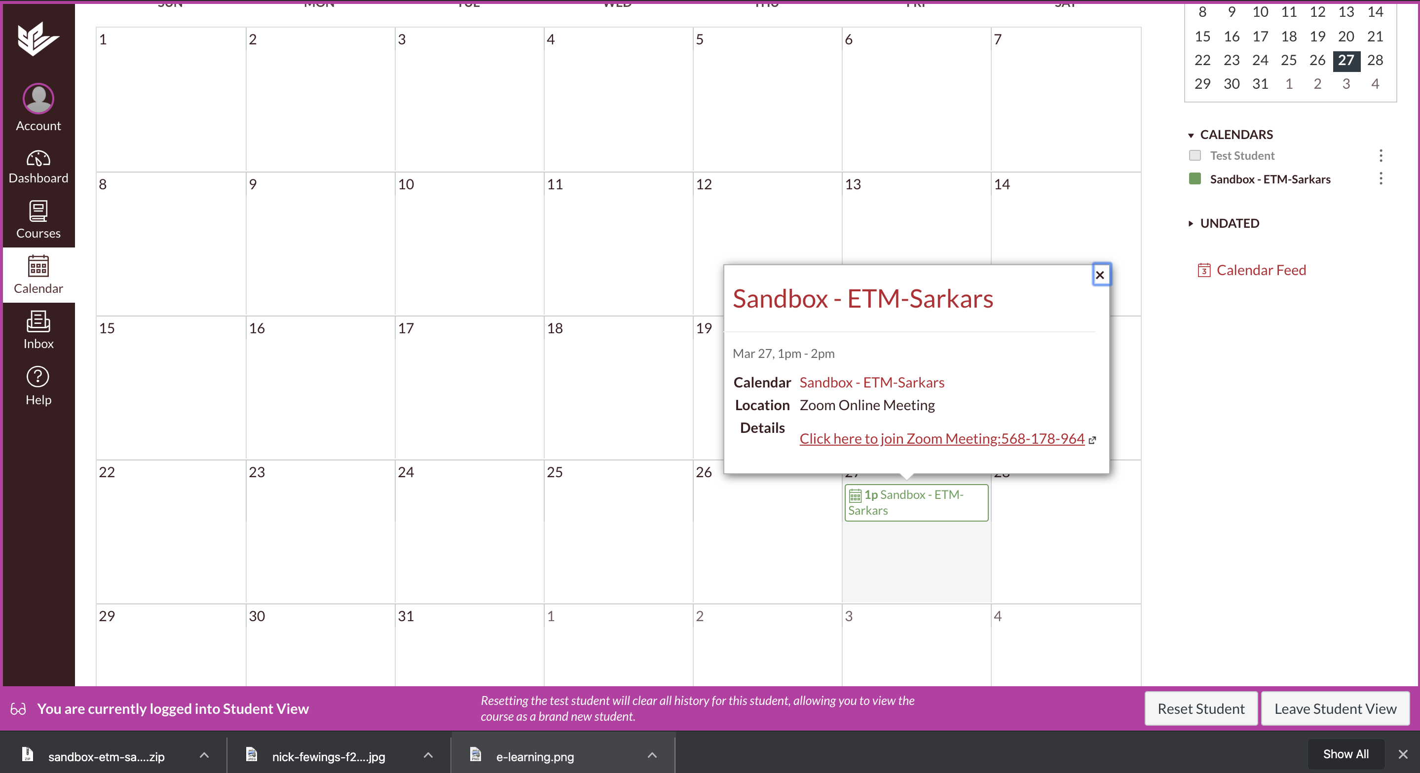 zoom meeting scheduled in Canvas calendar  