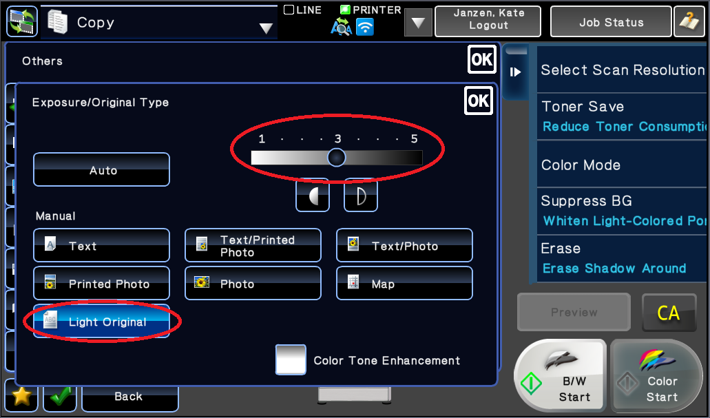 MFP Copy menu to select the lighting via a dial, which is encircled in red